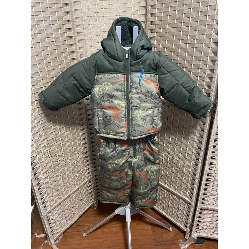 Carters Toddler Boys Olive Green Dinosaur Skeleton Puffer Jacket and Snow Pants